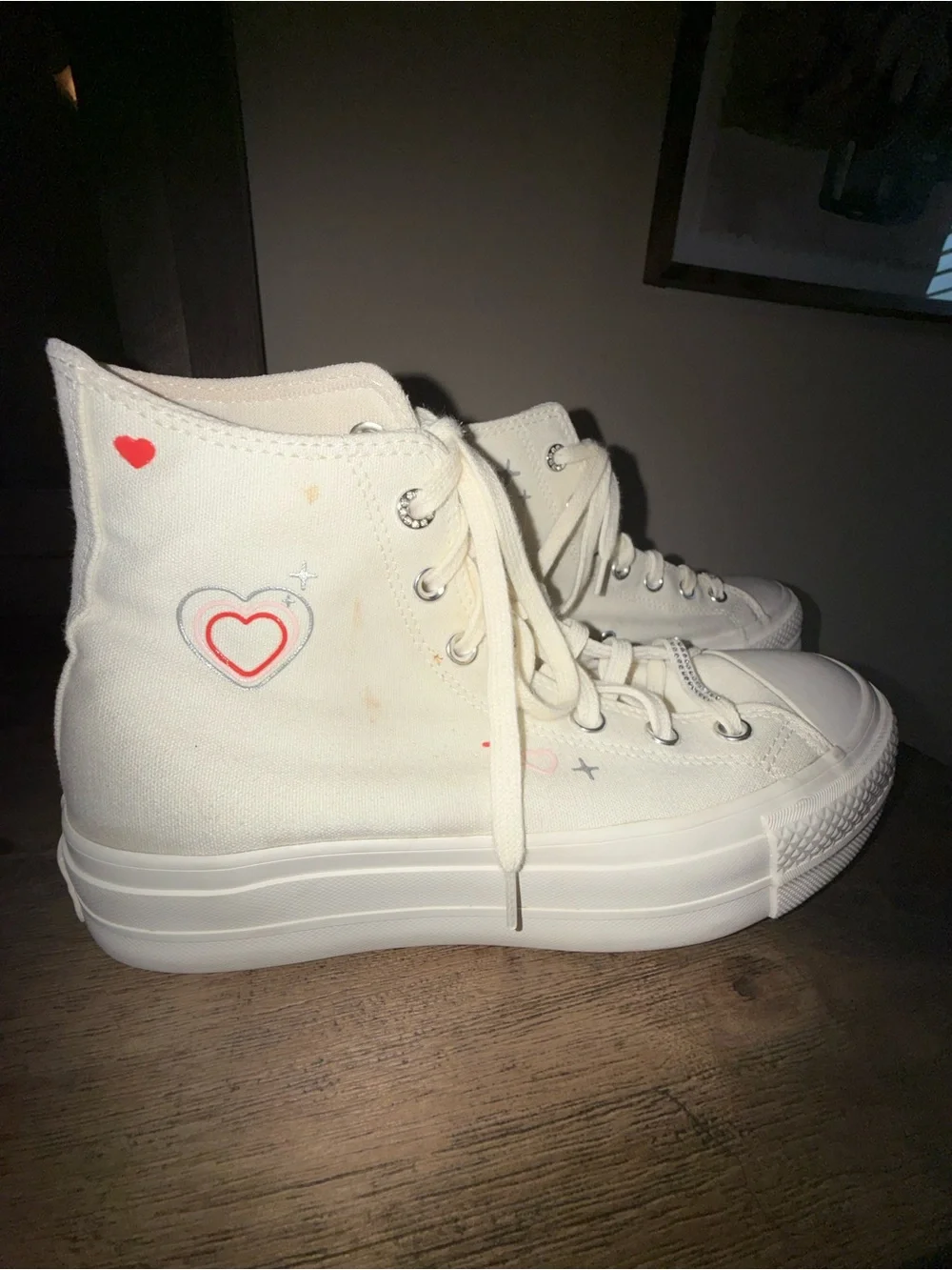 Converse White High Top Sneakers with Pink Heart Accents
